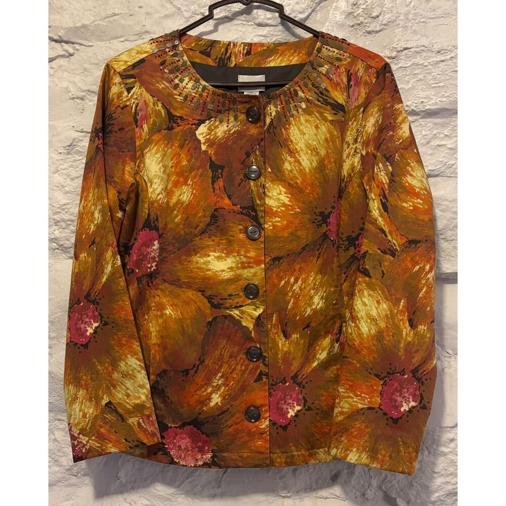 Chico's Floral Yellow Gold Embellished Jacket 98% Cotton Size 0=4 or Small